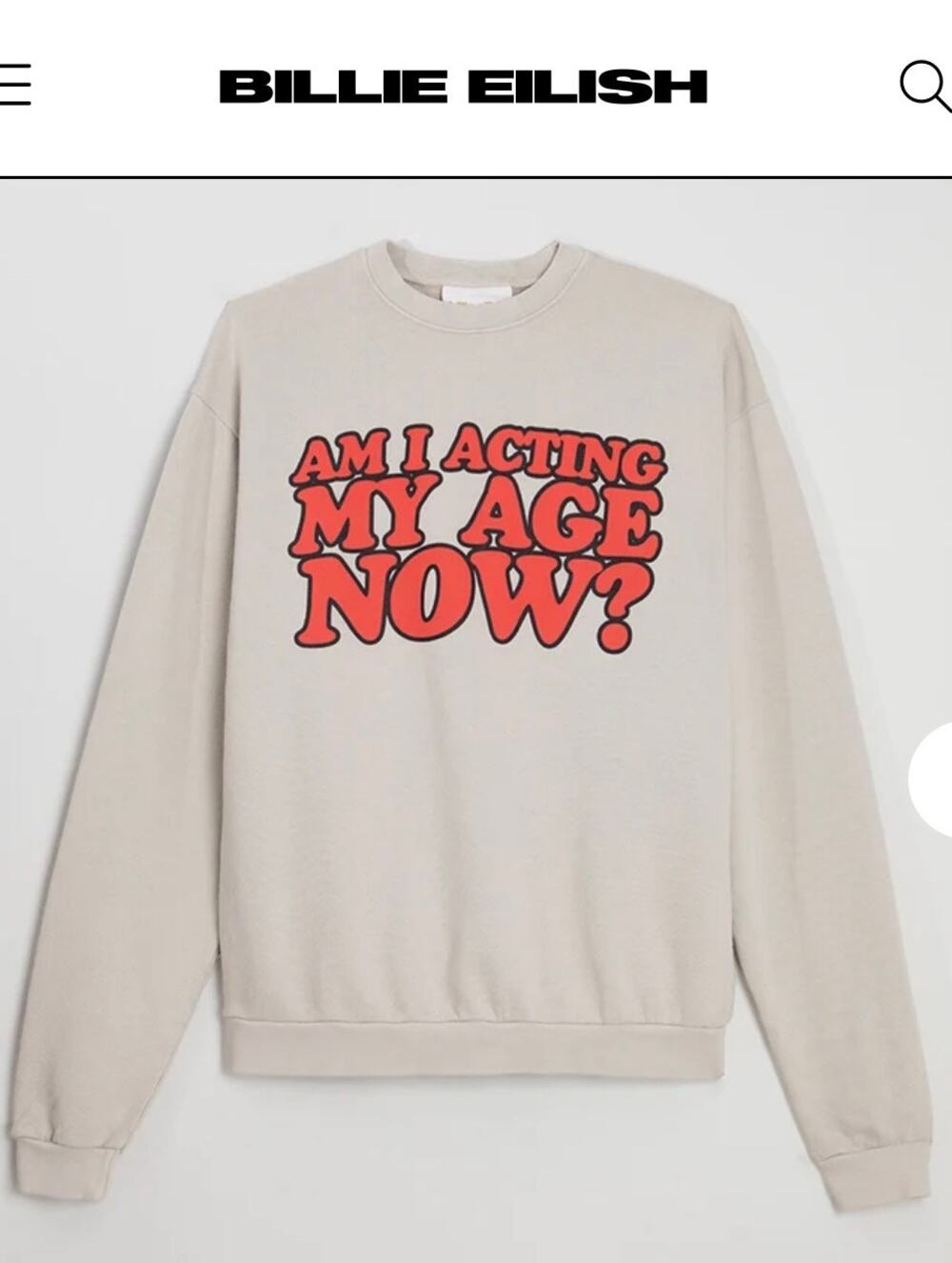Billie Eilish Am I Acting My Age Now? Oversized Organic Cotton Crewneck Size S